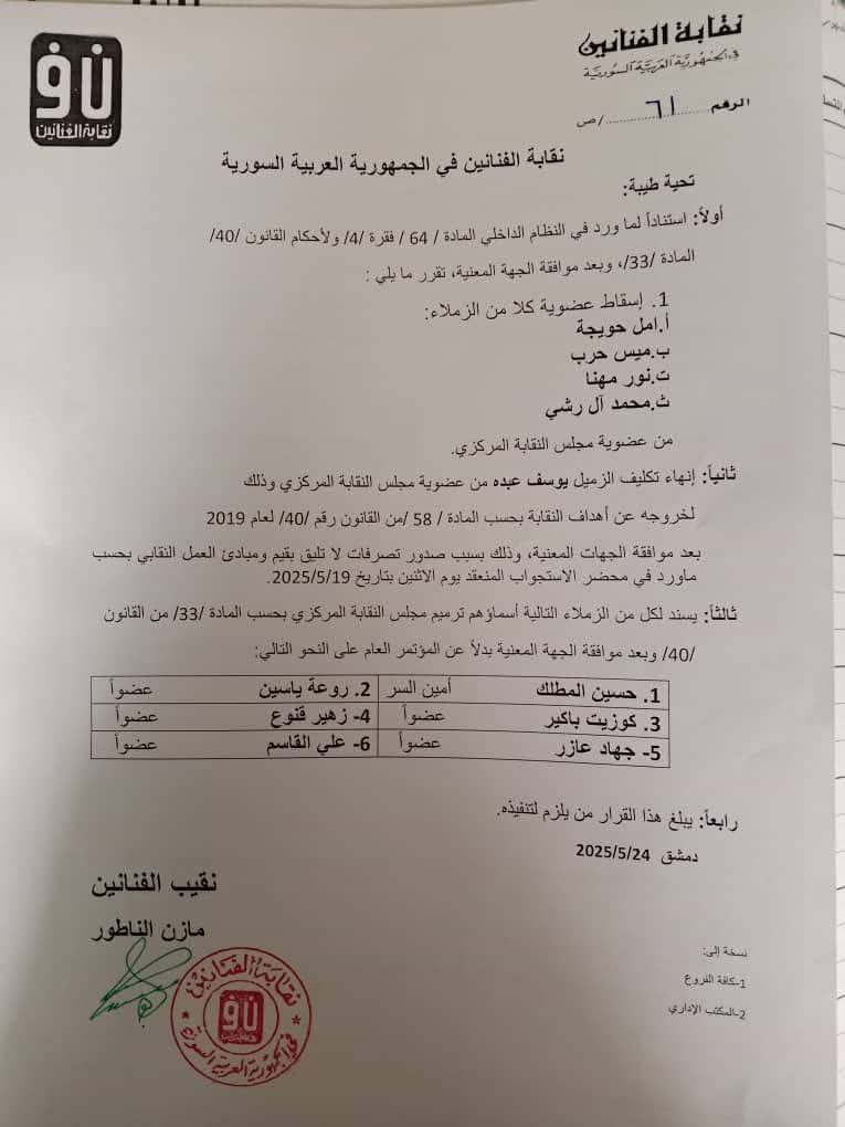 نقابة الفنانين السوريين تعلن شطب أربعة من أعضاء مجلسها المركزي 1 77 4